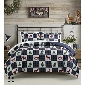 New Holiday Blue Buffalo Check Reversible King 3pc Bedding Set